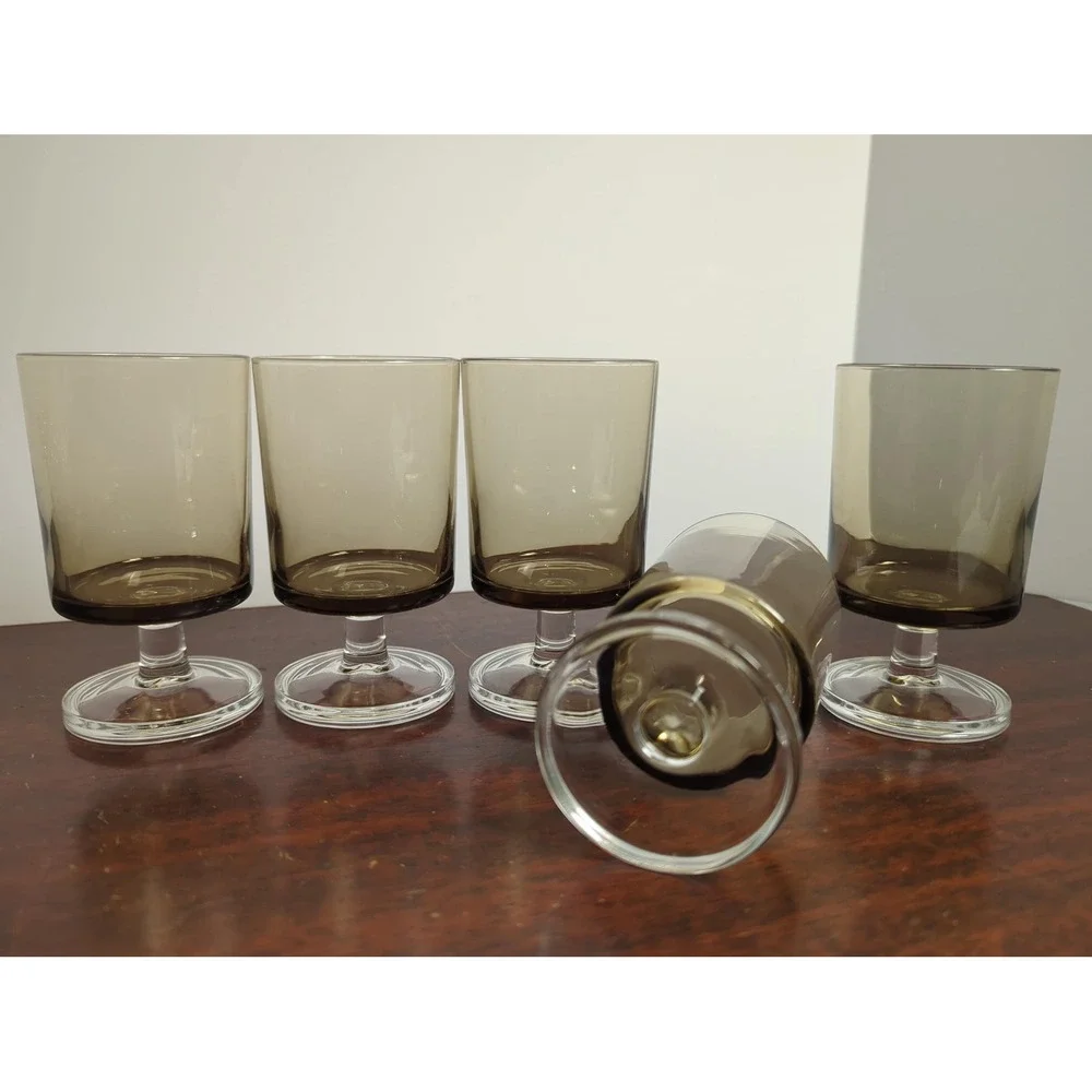 Vintage Smoked Brown Wine Glasses Set of 5 French Mid Century Barware Goblets